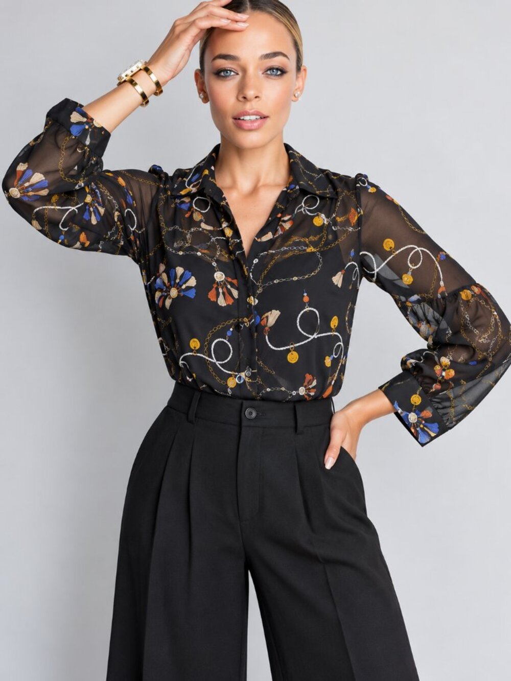 CAbi Victoria Black Chain Scarf Print Chiffon Button Front Blouse XL Old Money